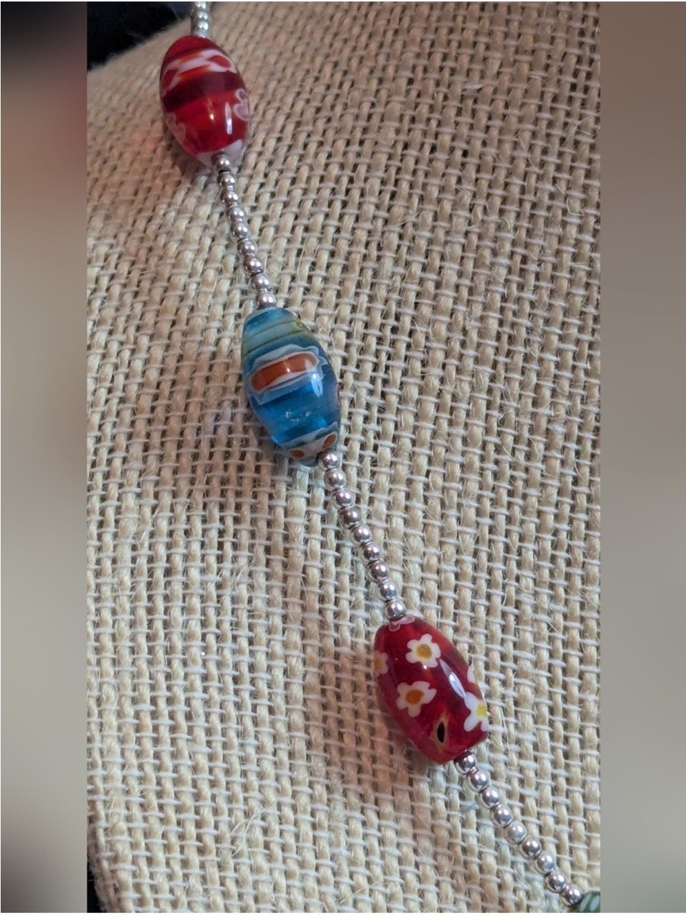 Venetian Style Glass Bead Necklace Multicolor Millefiori Sterling Silver - Picture 6 of 7
